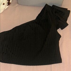 Black Ribbed One-Shoulder Top